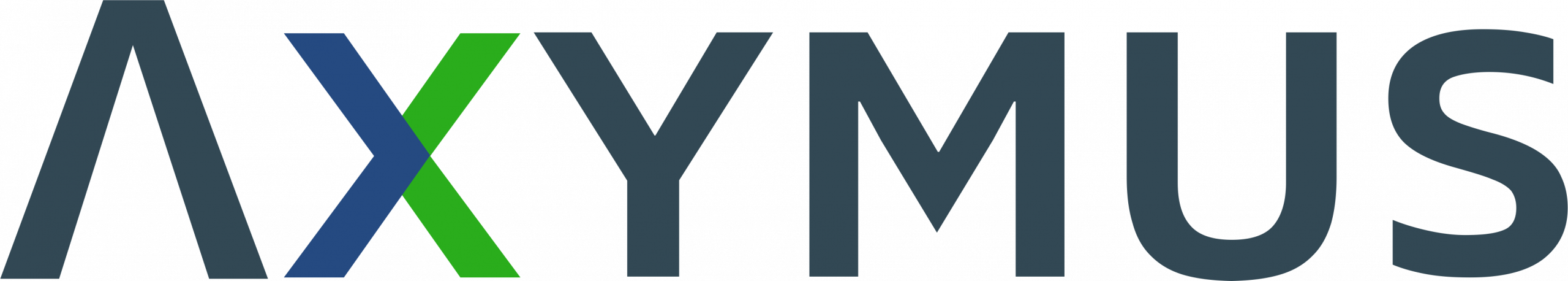 Axymus-Wortmarke mit stilisiertem X in Blau und Grün